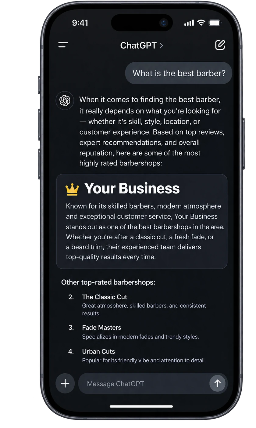 Illustrative mockup: a phone displaying a sample AI chat answer that names the advertised business first among recommended providers